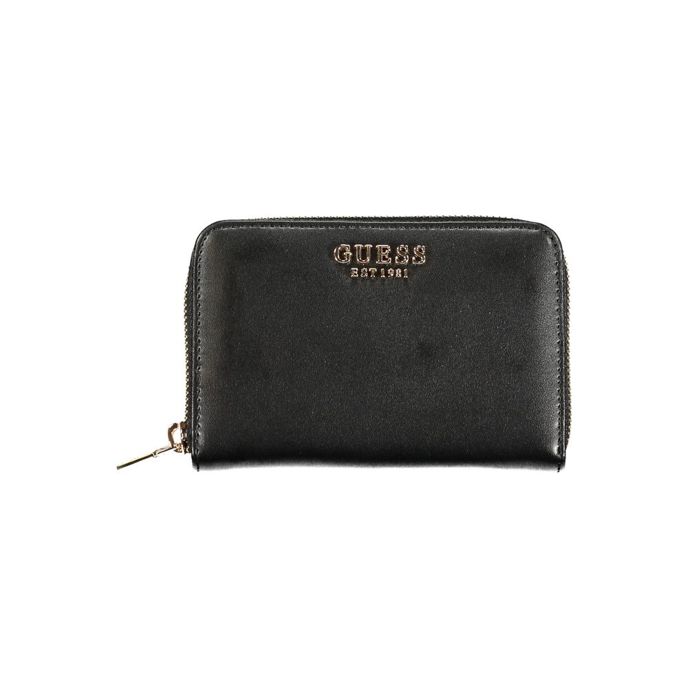 Alt Tag: Guess Jeans Black Polyethylene Wallet with zip closure, three compartments, card spaces, and logo detailing.