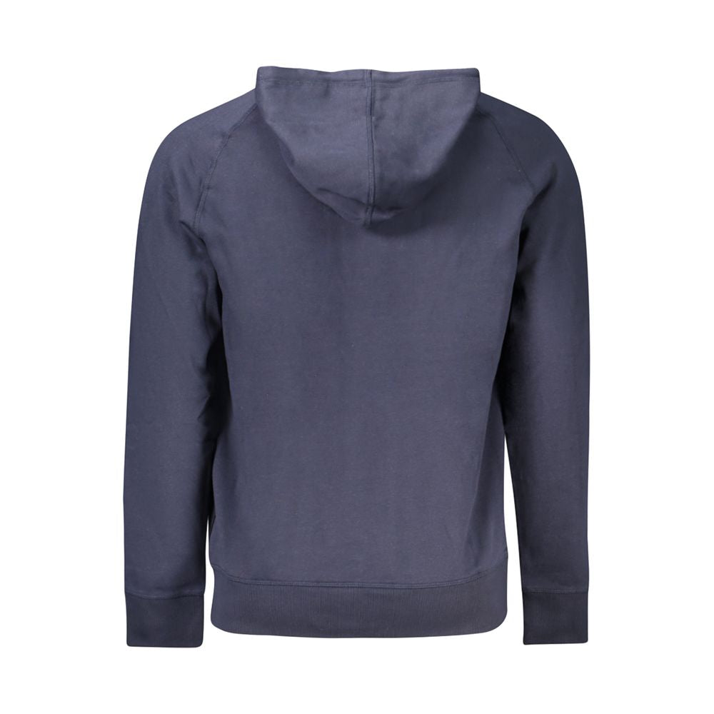 Back view of Timberland Blue Cotton Men Sweater with hood, showcasing sleek design and durable craftsmanship.