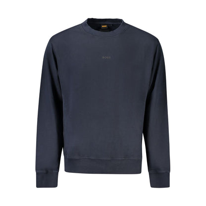Hugo Boss Blue Cotton Men Sweater with logo print, crew neck, and brushed interior for comfort.