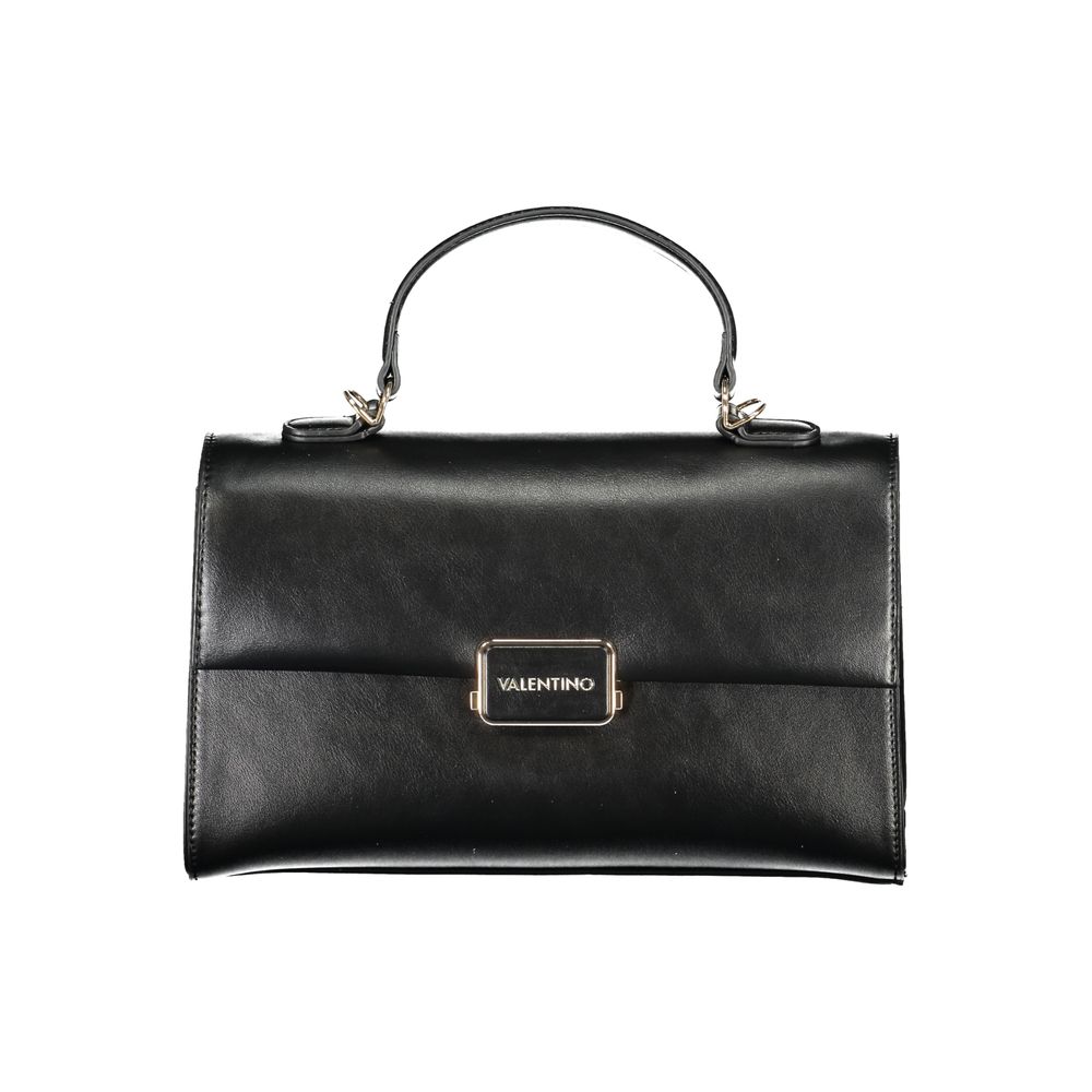 Mario Valentino Black Polyethylene Handbag with handle, adjustable strap, two compartments, logo, and snap closure.