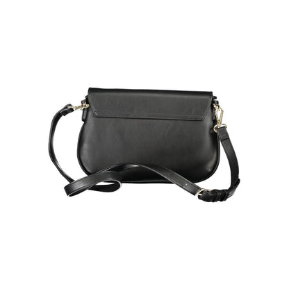 Mario Valentino Black Polyethylene Handbag with adjustable strap and zipper closure, featuring logo design, front view.