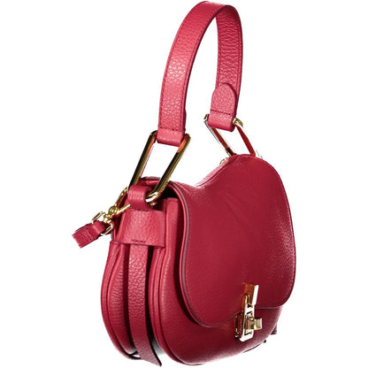 Coccinelle Red Leather Handbag with adjustable shoulder strap, internal pocket, and twist closure featuring logo, side view.