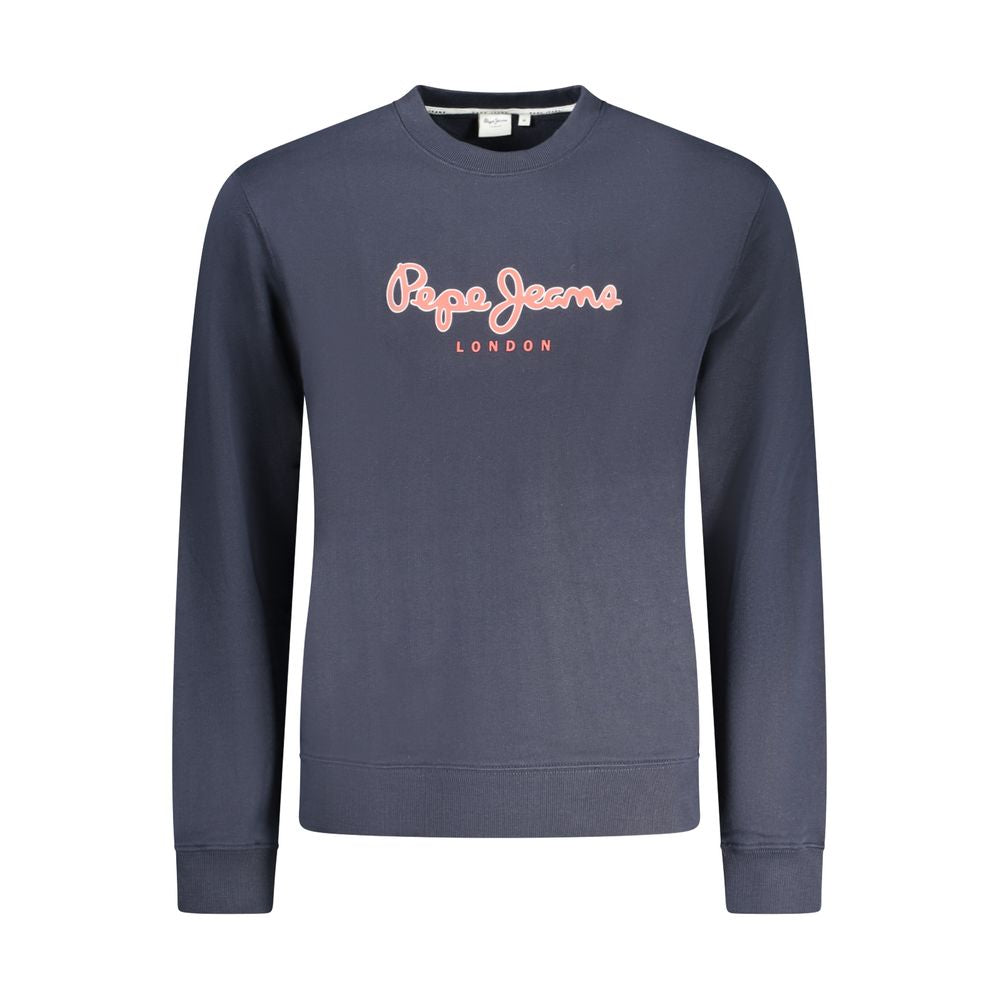Pepe Jeans Blue Cotton Men Sweater with bold logo, long sleeves, crew neck, brushed finish for casual sophistication and comfort.