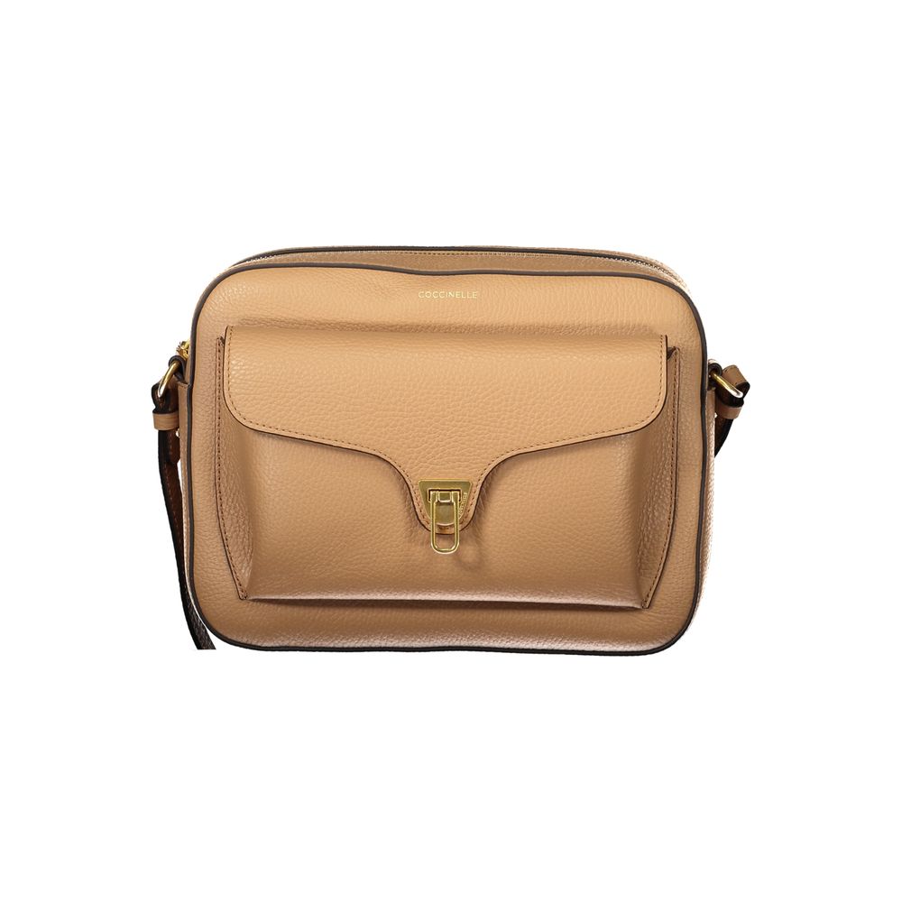 Coccinelle Brown Leather Handbag with adjustable shoulder strap, external and internal pockets, zip and rotary closure, logo detail.