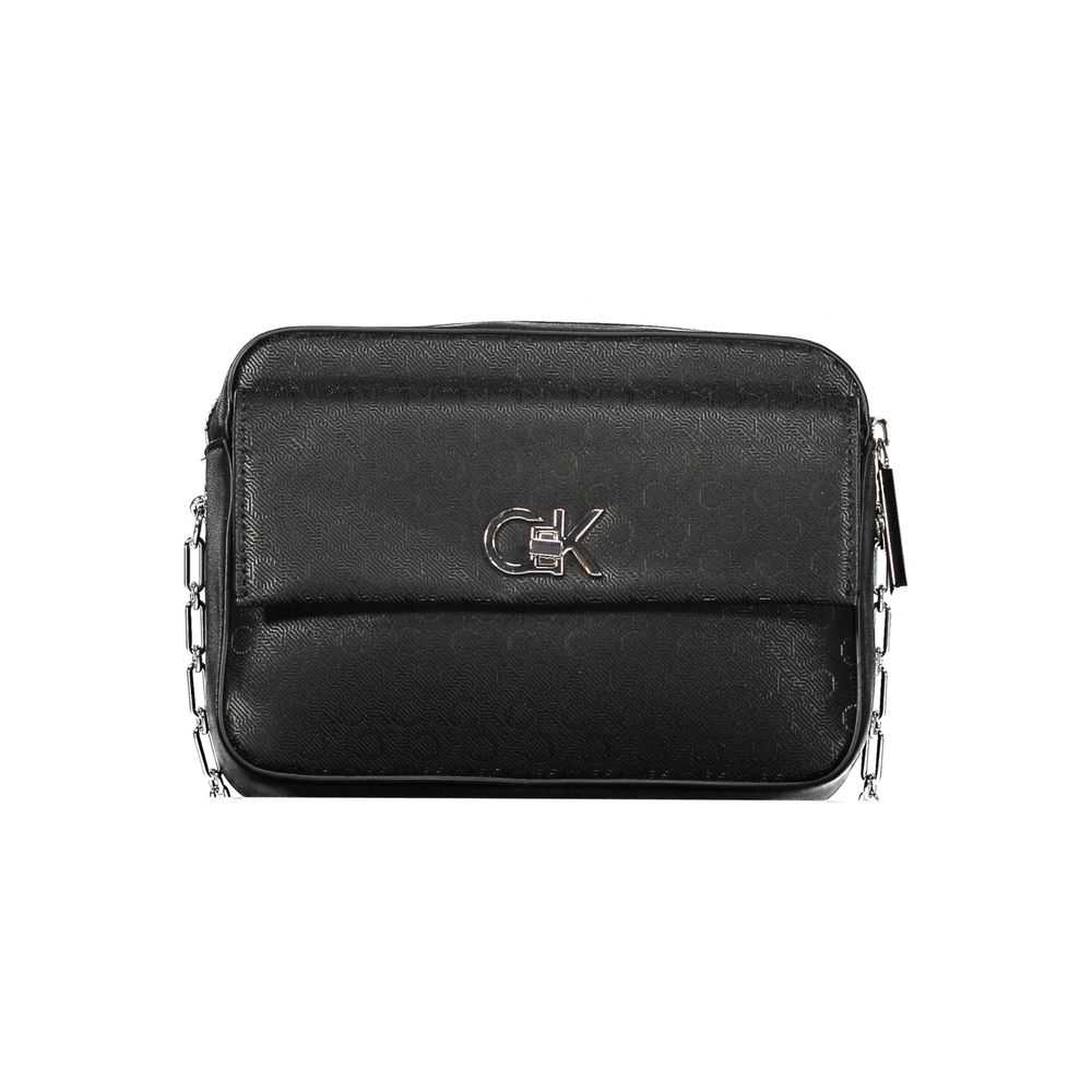 Calvin Klein Black Polyester Handbag with external pocket, contrasting details, and logo on front.