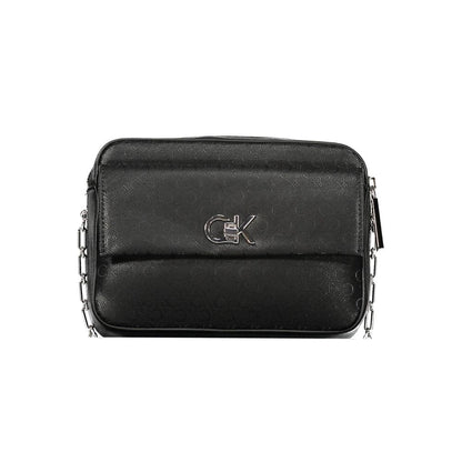 Calvin Klein Black Polyester Handbag with external pocket, contrasting details, and logo on front.