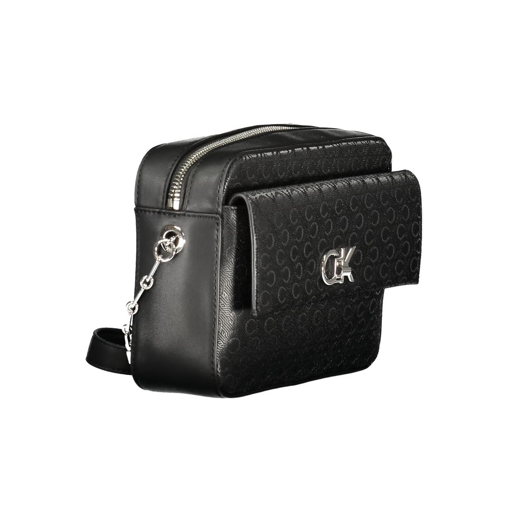 Calvin Klein Black Polyester Handbag with logo, zipper, and swivel closure, featuring external pocket, card pocket, and contrasting details.