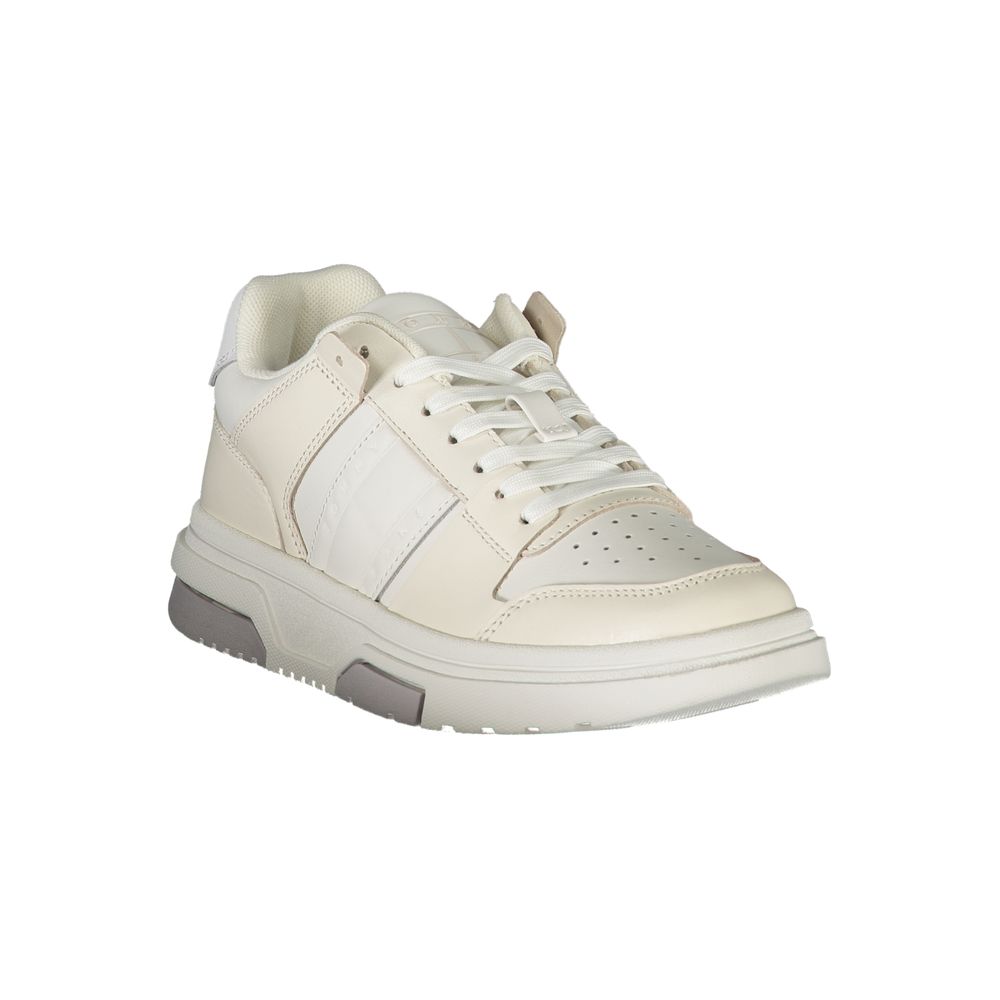 Alt Tag: Tommy Hilfiger White Polyester Sneaker featuring sports footwear design with laces, contrast details, and logo.