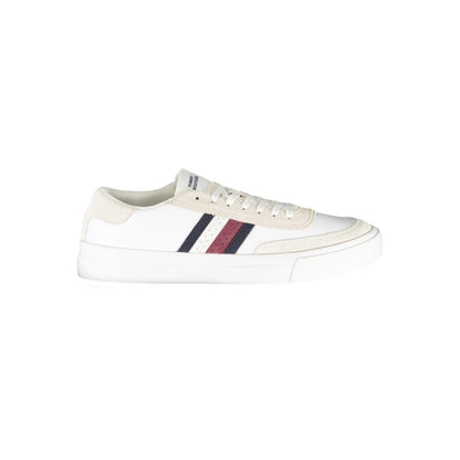 Tommy Hilfiger White Polyester Sneaker with stripes and logo, sports footwear with laces and contrast details.