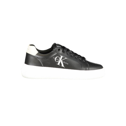Calvin Klein Black Polyester Sneaker with laces, logo print, contrast details, 50% recycled thermoplastic rubber, sports footwear.