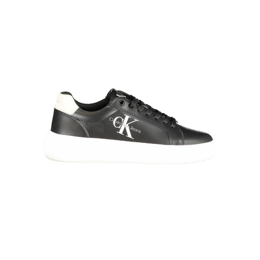 Calvin Klein Black Polyester Sneaker with laces, logo print, contrast details, 50% recycled thermoplastic rubber, sports footwear.
