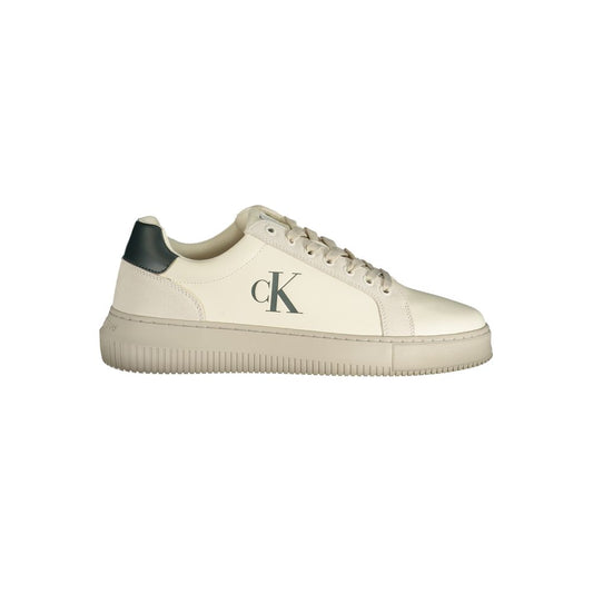 Calvin Klein White Polyester Sneaker with laces, logo, print, and recycled thermoplastic rubber sole.