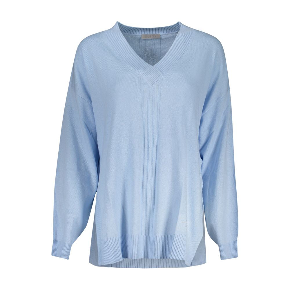 Guess Jeans Blue Cotton Sweater with long sleeves, V-neck, contrasting details, and logo design on display.