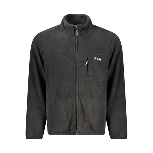 Fila Black Polyester Men Jacket with iconic embroidery logo, front zip, long sleeves, and pockets for urban style and comfort.
