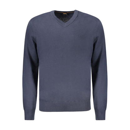 Hugo Boss Blue Cotton Sweater - Long-sleeved V-neck T-shirt with embroidery logo