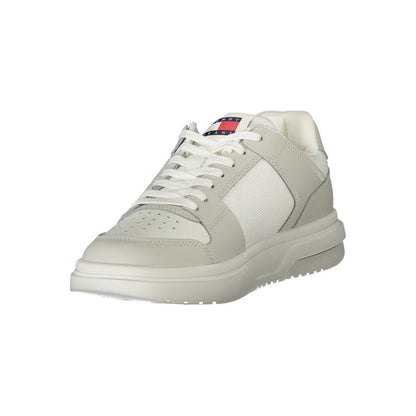 Tommy Hilfiger White Polyester Sneaker with laces, grey contrasting details, removable footbed, and logo print.