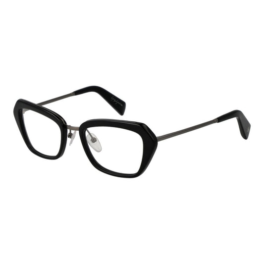 Yohji Yamamoto Black Women Glasses Frame, rectangle style, full-rim plastic, black color, demo lenses, size 51-19-140, with soft case.