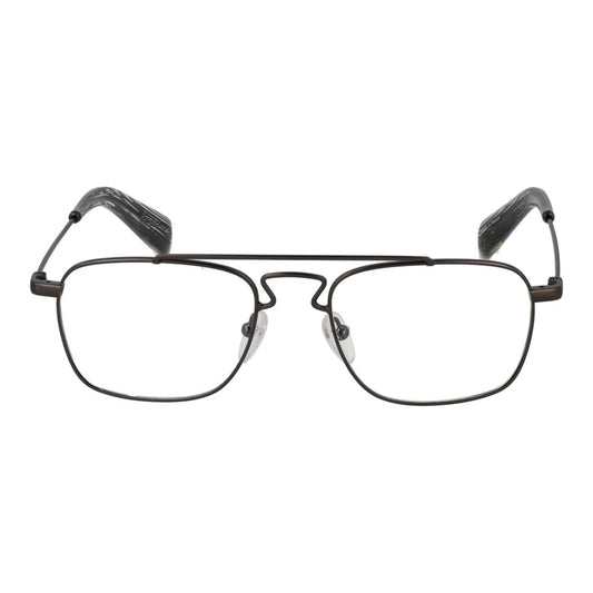 Yohji Yamamoto Gray Men Glasses Frame in gunmetal full-rim rectangle style with a frame width of 135mm, lenses width 51mm, and bridge width 18mm.