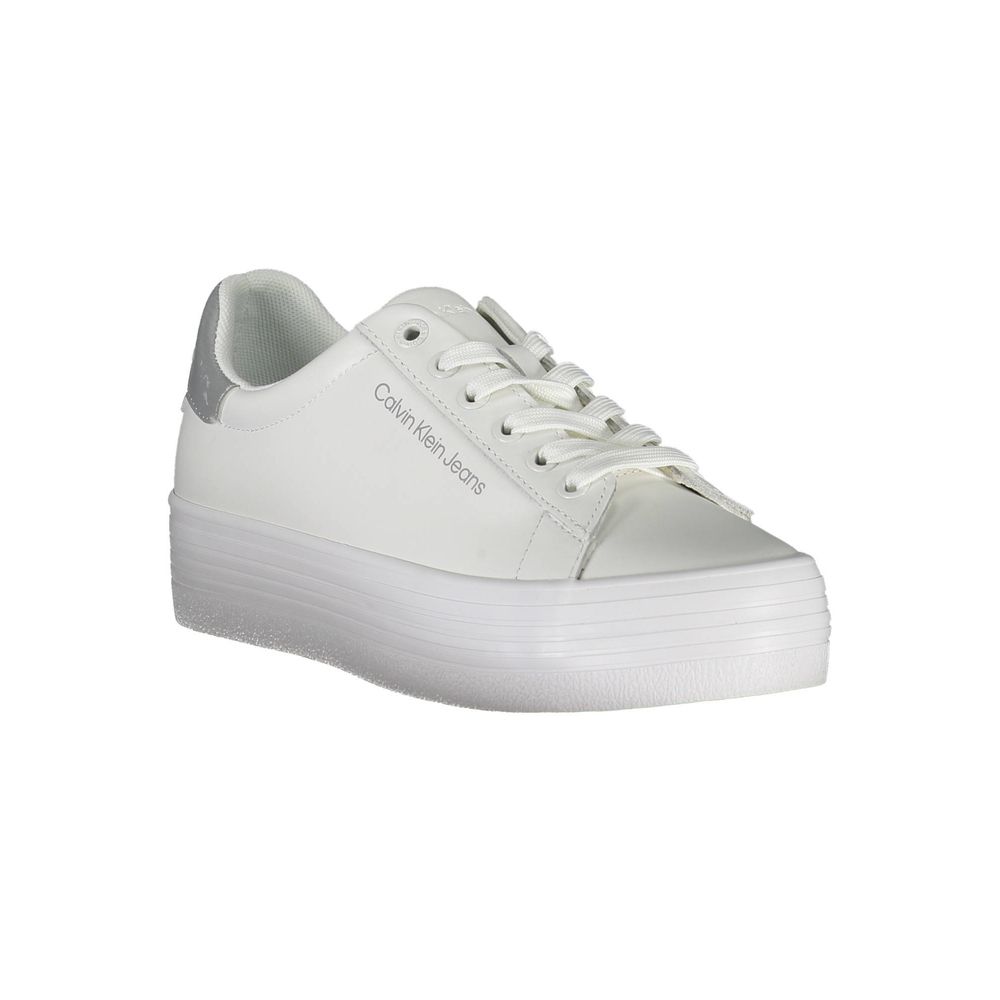 Calvin Klein White Polyester Sneaker with laces, logo, and contrasting details made from 100% recycled polyester material.
