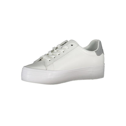 Calvin Klein White Polyester Sneaker with contrasting details and logo, made of 100% recycled polyester, side view.