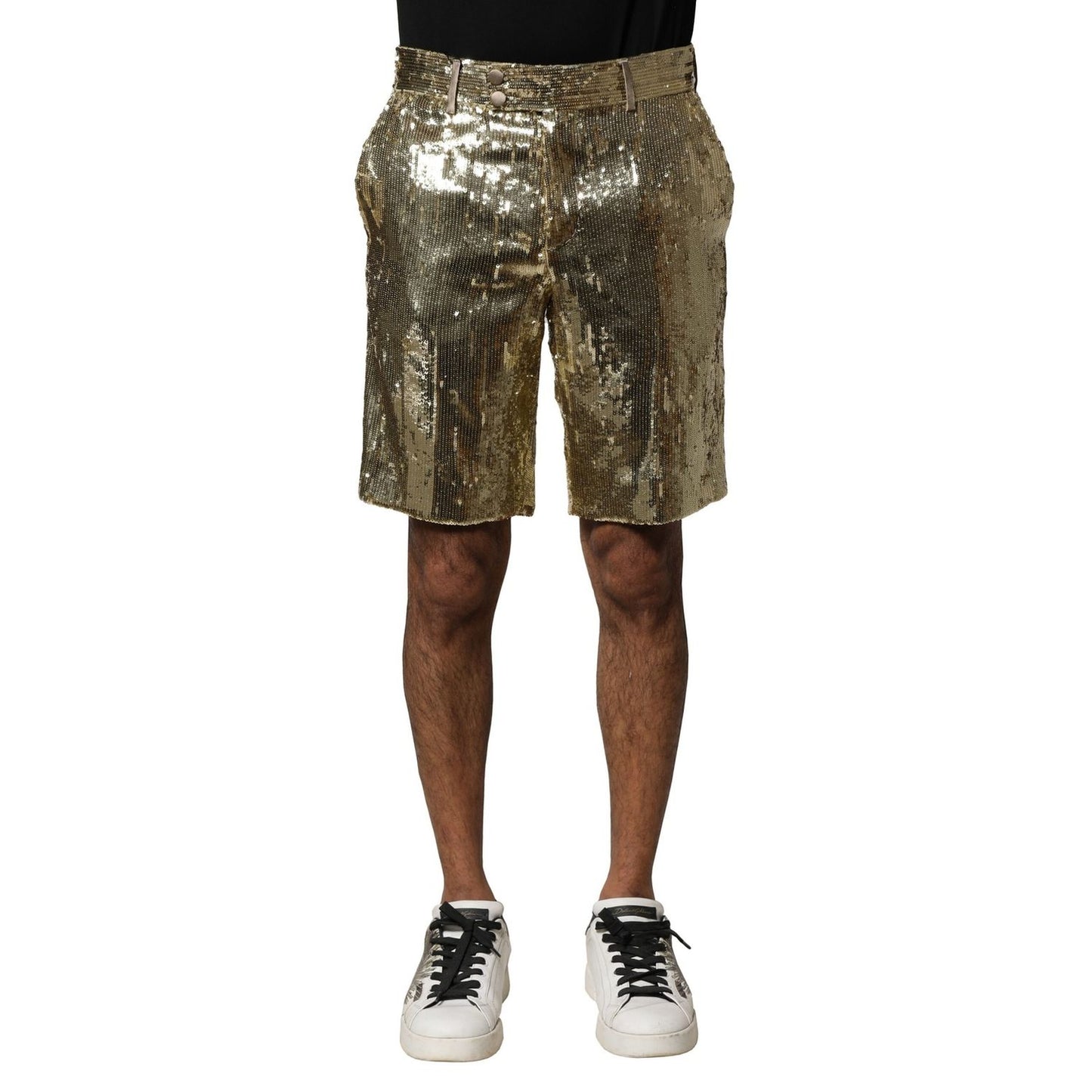 Dolce & Gabbana Gold Sequin Polyester Embellished Bermuda Shorts