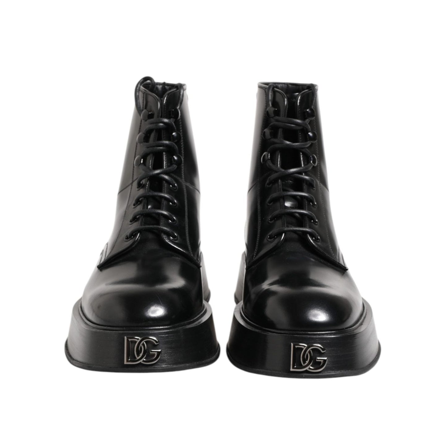 Dolce & Gabbana Black Leather Logo Ankle Boots Lace Up Shoes
