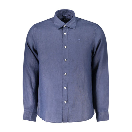 North Sails Blue Linen Shirt with long sleeves, Italian collar, and 1 button cuffs featuring logo embroidery