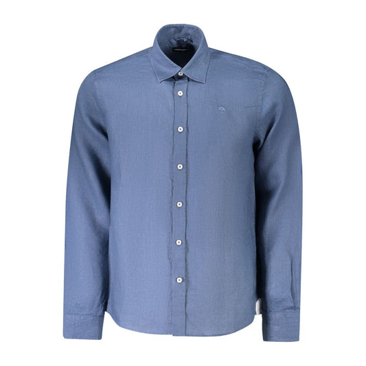 North Sails Blue Linen Shirt with long sleeves, Italian collar, and embroidered logo. Features 1 button cuffs and ocean positive design.