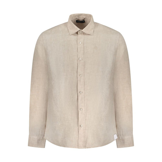 North Sails Beige Linen Shirt with long sleeves, Italian collar, 1 button cuffs, and embroidery logo, Ocean Positive