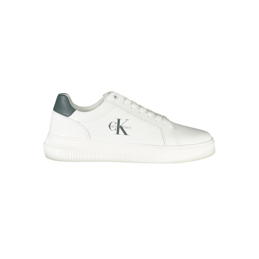 Calvin Klein White Leather Men Sneaker with green accent and CK logo, side view