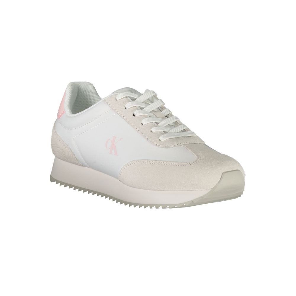 Calvin Klein White Leather Women Sneaker with pink accents and logo, lace-up design for comfort and style.