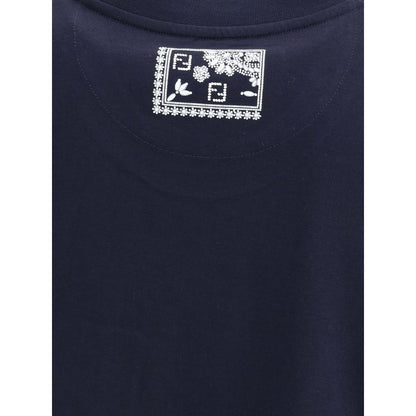 Fendi Blue Cotton T-Shirt with monogram patch and bandana print detail on chest, showcasing contemporary design and style.