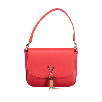 Alt Tag: Mario Valentino Red Polyethylene Handbag with logo, removable shoulder handle, external pocket, and contrasting details.