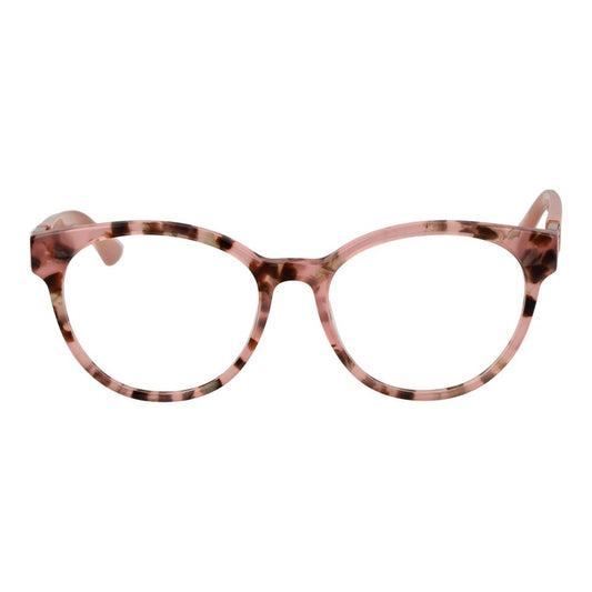 Guess Pink Women Glasses Frame, rose acetate round full-rim style, demo lenses, trendy eyewear.