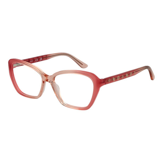 Guess Pink Women Glasses Frame, rose acetate cat eye full-rim with demo lenses.