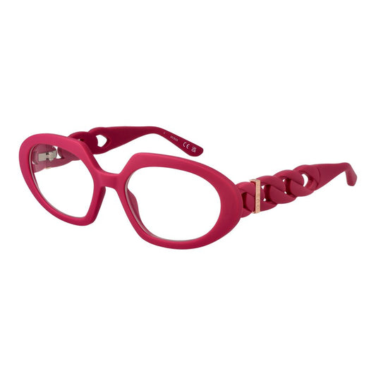 Guess Purple Women Glasses Frame in a full-rim oval style, made of purple plastic with demo lenses. Includes branded case.