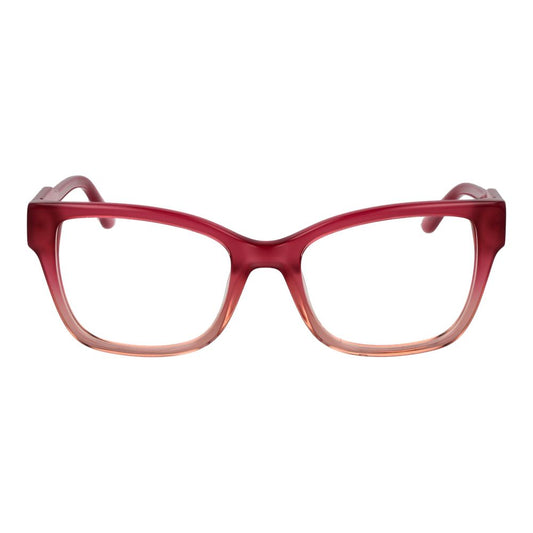 Guess Pink Women Glasses Frame in rose acetate, full-rim, square style with demo lenses, size 53-19-140, includes branded case.