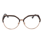 Front view of stylish round full-rim eyeglasses with a dark frame and metallic accents.