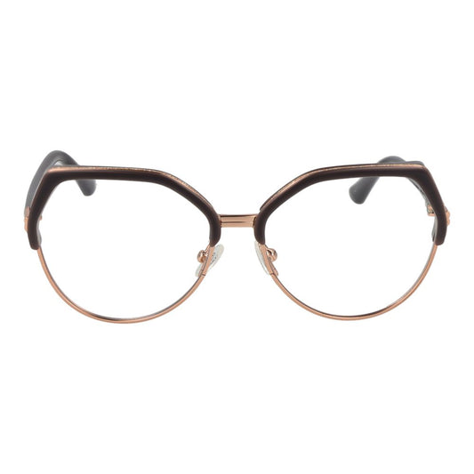 Front view of stylish round full-rim eyeglasses with a dark frame and metallic accents.