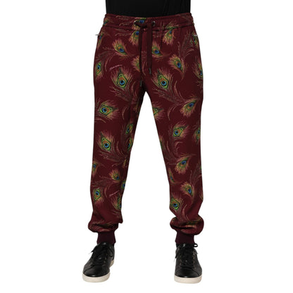 Dolce & Gabbana Burgundy Peacock Feather Print Jogger Pants