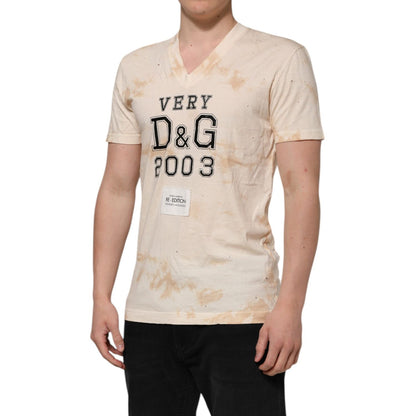 Dolce & Gabbana Beige Logo Print Short Sleeve V-neck T-shirt