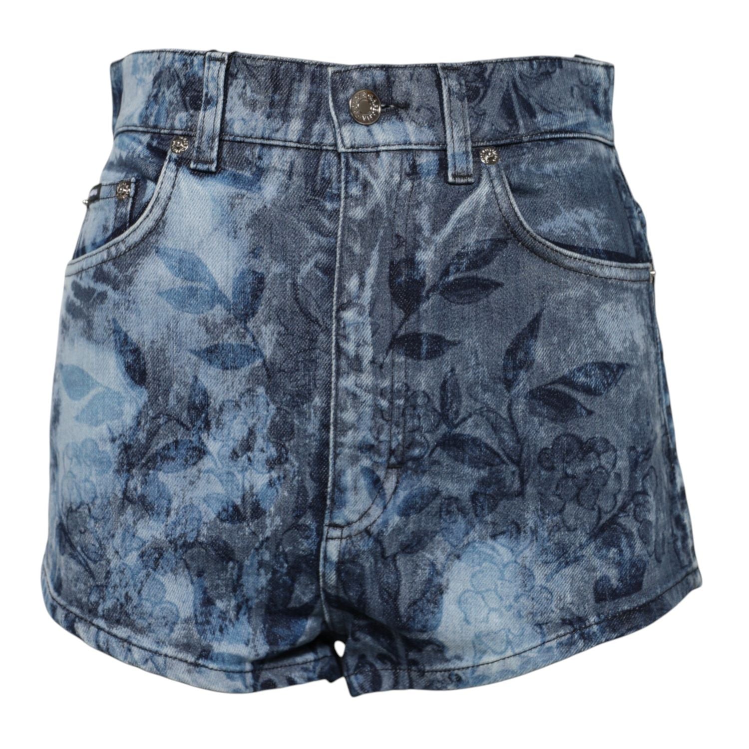 Dolce & Gabbana Blue Floral Print Denim Cotton Hot Pants Shorts