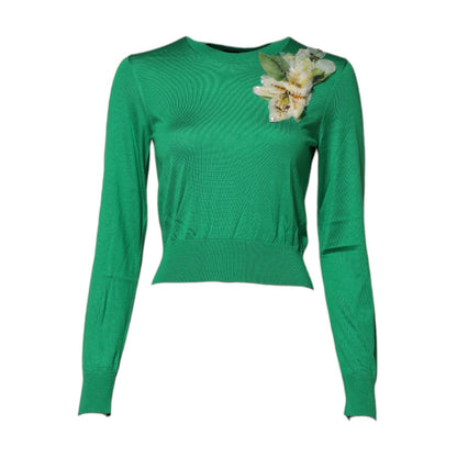 Dolce & Gabbana Green Floral Detailing Silk Pullover Sweater