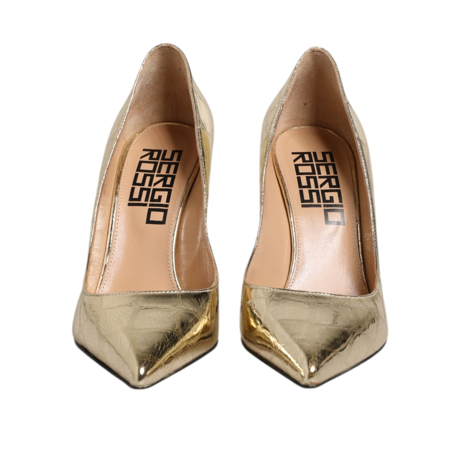 Sergio Rossi Gold Leather Pointed Toe Block Heels Shoes