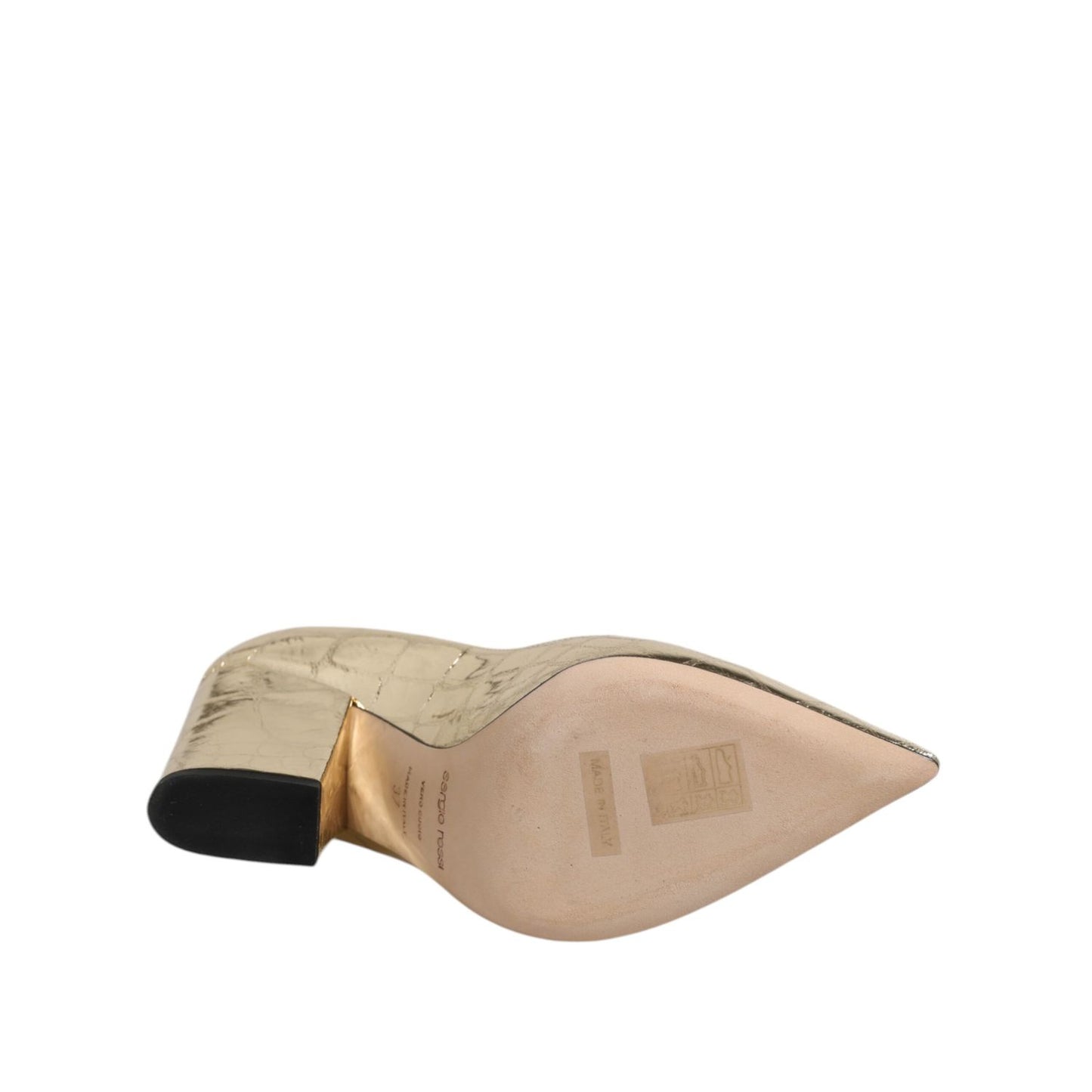 Sergio Rossi Gold Leather Pointed Toe Block Heels Shoes