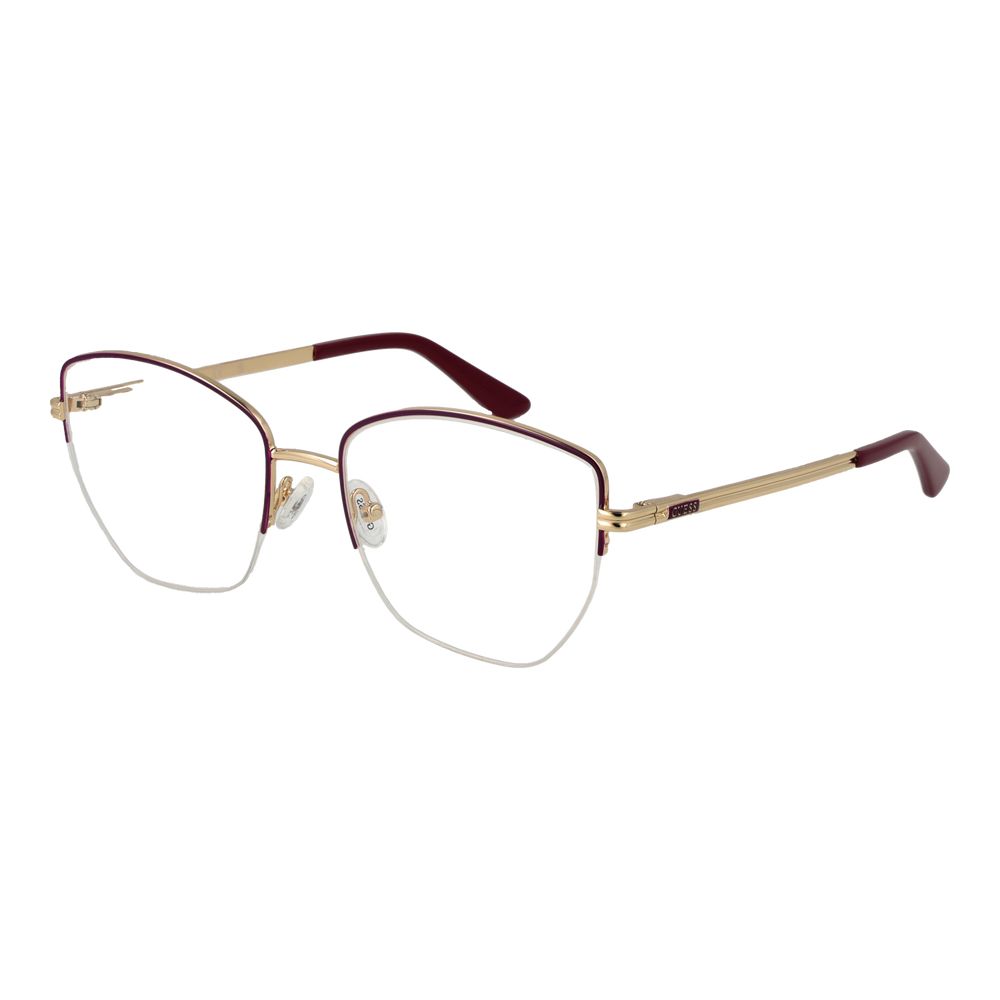 Guess Purple Women Glasses Frame, metal half-rim in geometric style with demo lenses, featuring spring hinges and branded case.