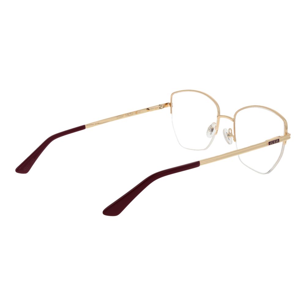 Guess Purple Women Glasses Frame, half-rim purple metal frame with demo lenses, geometric style, size 53-18-140, spring hinge, includes case.
