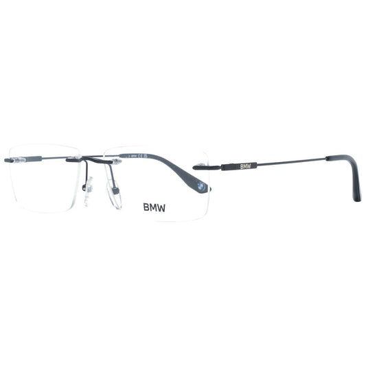 BMW Black Men Glasses Frame in titanium, rimless design, rectangle style, with demo plastic lenses, size 56-15-145, includes branded case.