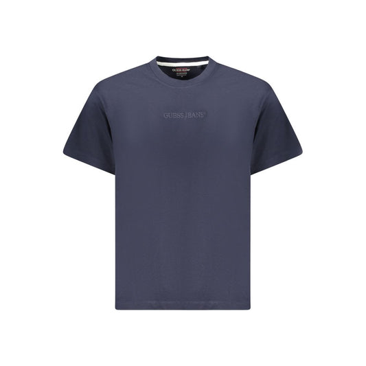 Alt Tag: Guess Jeans Blue Cotton T-Shirt with short sleeves, oversized fit, crew neck, and embroidered logo, made from 50% organic cotton.