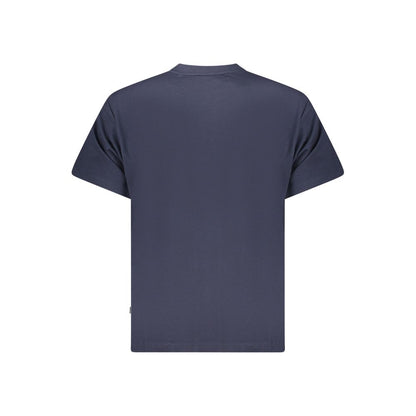 Back view of Guess Jeans Blue Cotton T-Shirt, oversized crew neck with logo embroidery, short sleeves, made of 50% organic cotton.
